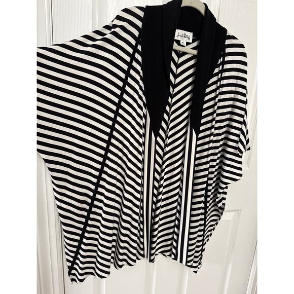 Joseph Ribkoff Black‎ White Striped Asymmetric Lagenlook Open front Cardigan M-L - Picture 15 of 16